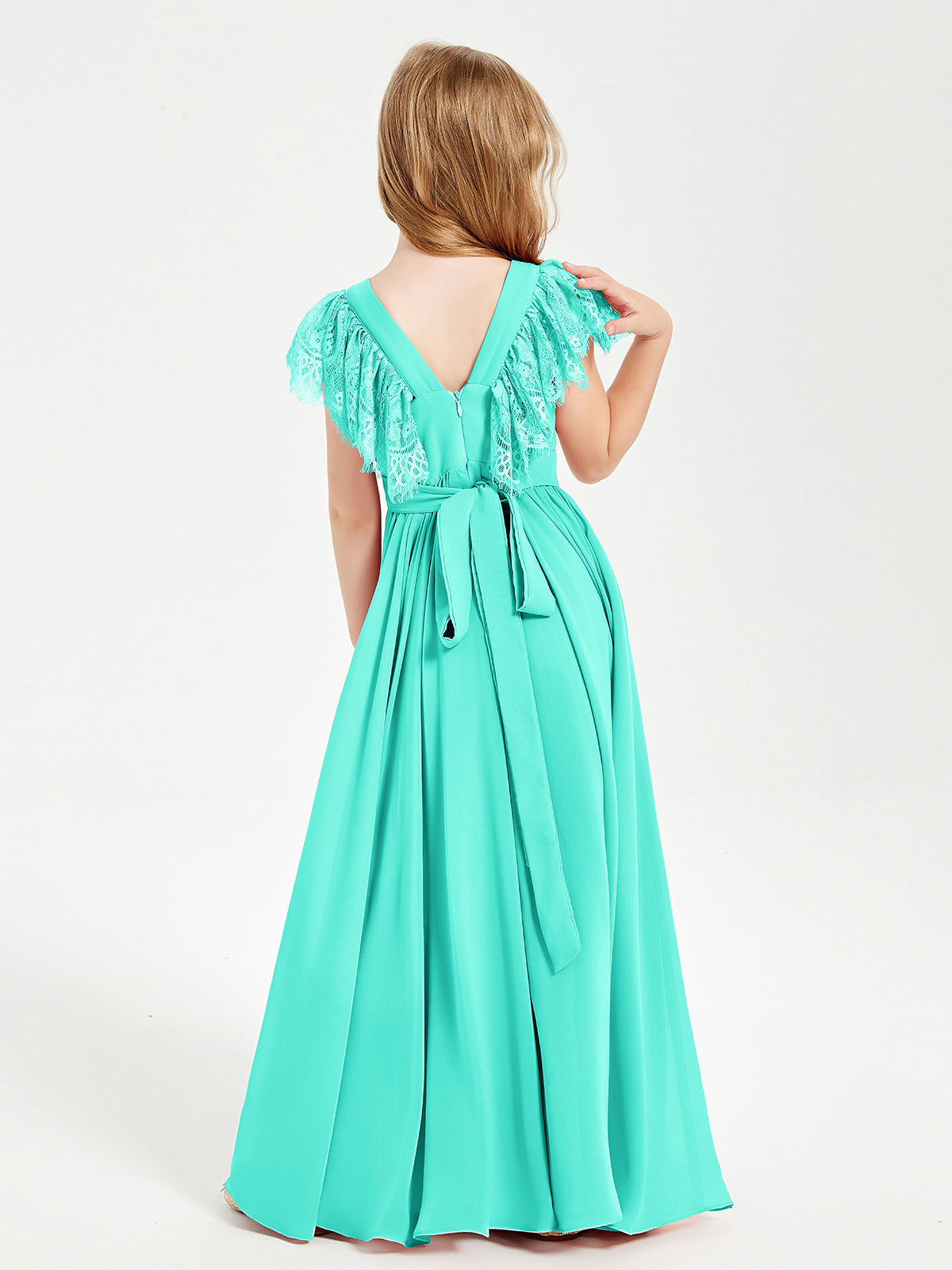 Chiffon Junior Bridesmaid Dresses with Lace Flutter Sleeves Spa